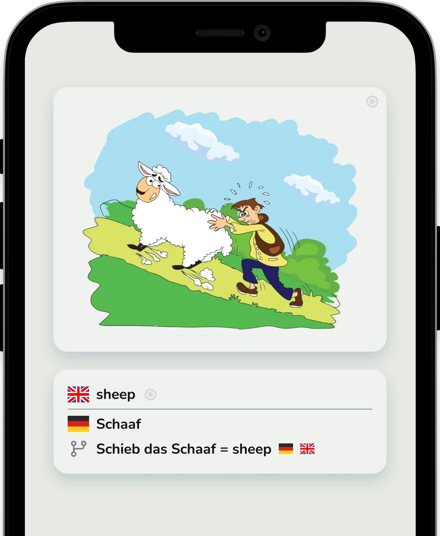 Mindpop-App auf einem Smartphone: Merkbild „Schieb das Schaf“ für das englische Wort sheep.